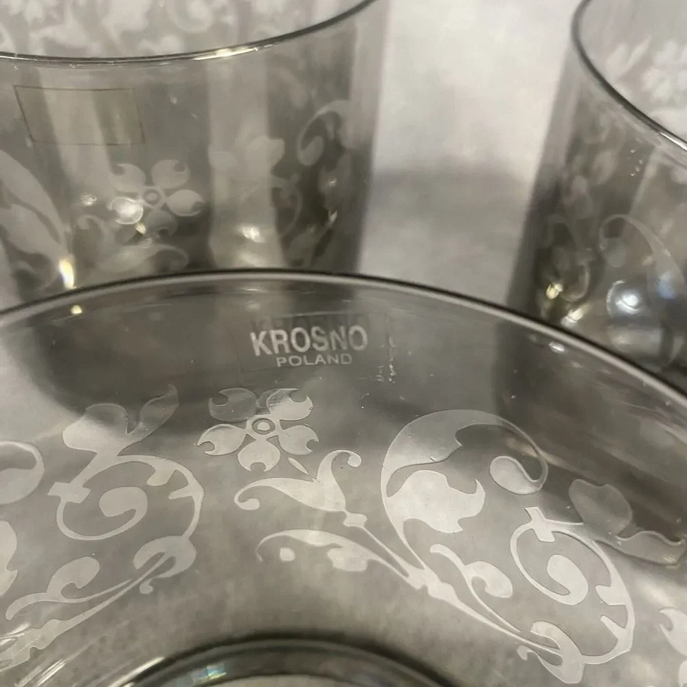 Crate & Barrel Krosno Drinking Glass Set 4‎ Poland Tinted Etched Smokey Low Ball
